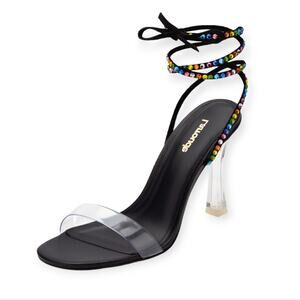 NWOT Larroudé Disco Gloria Rainbow Embellished Wrap Sandals Size 7